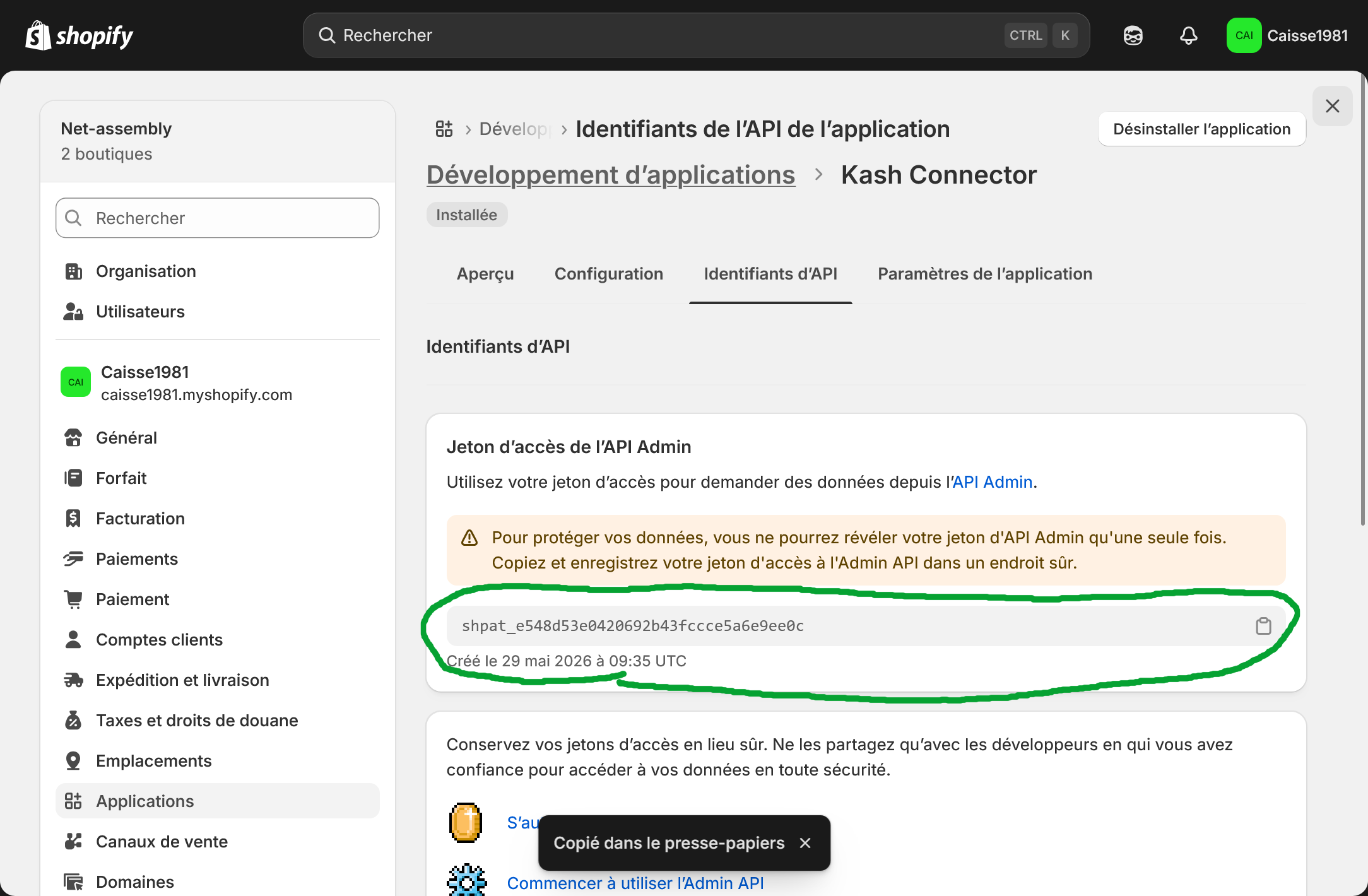 Copy the Shopify API Admin token